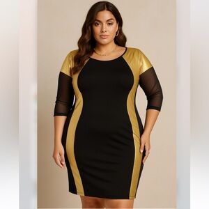 Plus Size Women’s Stretchy Bodycon Elegant Black and Metallic Gold Dress